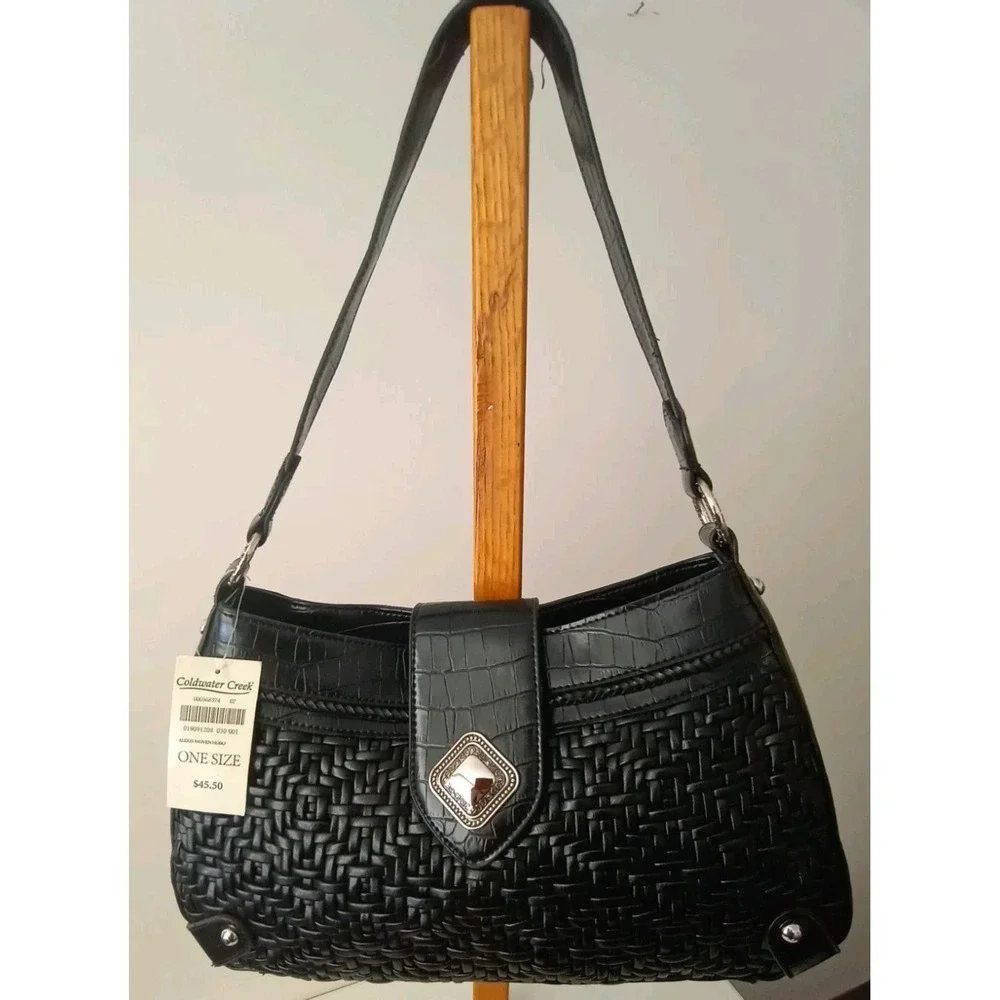 Coldwater Creek Alexis Woven Hobo Shoulder Bag In Black With Silver Accents  New